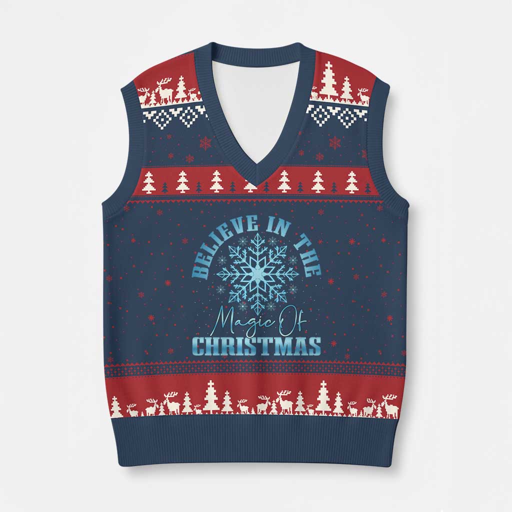 Believe In The Magic Of Xmas V-Neck Knit Sweater Vest Xmas Snowflake - Wonder Print Shop
