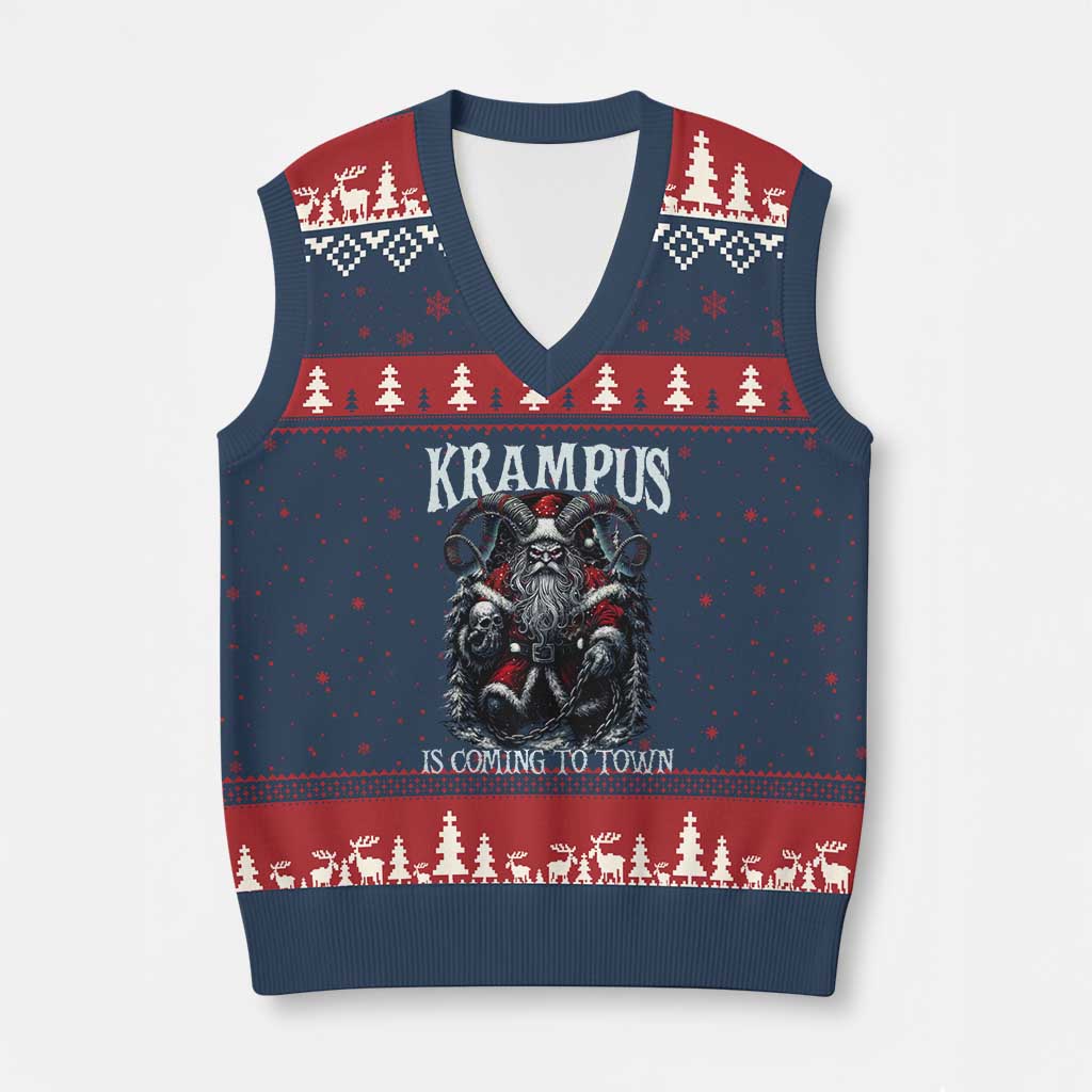 Nordic Xmas Krampus V-Neck Knit Sweater Vest Krampus Is Coming To Town Horror Holiday Xmas - Wonder Print Shop