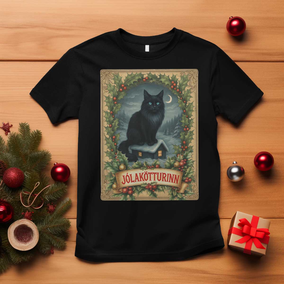 Nordic Christmas Cat T Shirt Jolakotturinn Yule Cat Icelandic - Wonder Print Shop
