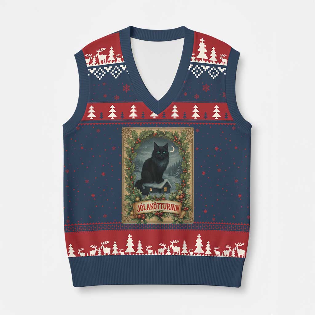 Nordic Xmas Cat V-Neck Knit Sweater Vest Jolakotturinn Yule Cat Icelandic - Wonder Print Shop