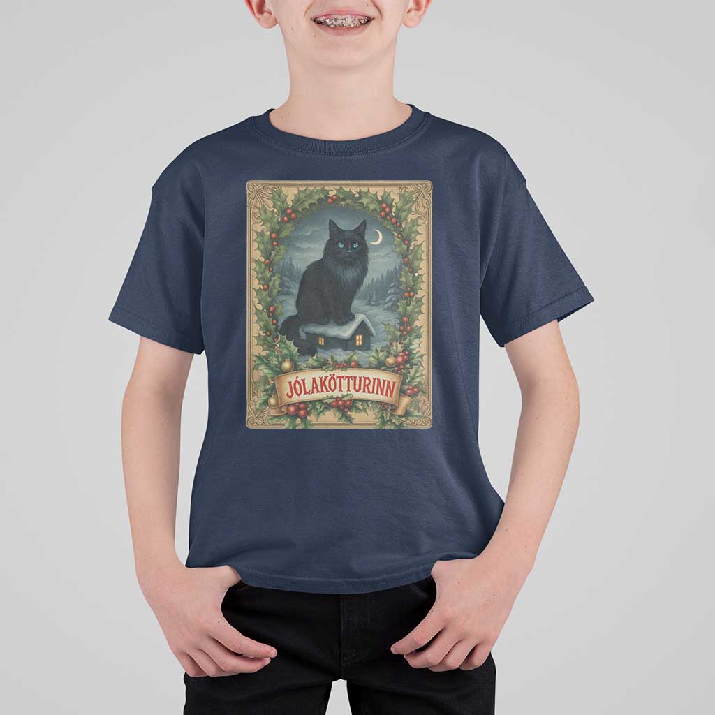 Nordic Christmas Cat T Shirt For Kid Jolakotturinn Yule Cat Icelandic - Wonder Print Shop
