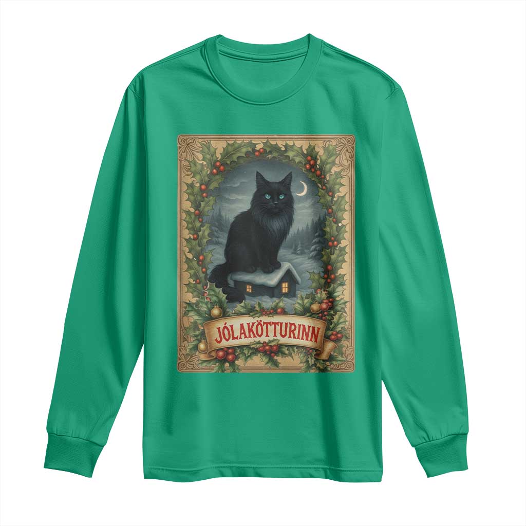 Nordic Christmas Cat Long Sleeve Shirt Jolakotturinn Yule Cat Icelandic - Wonder Print Shop