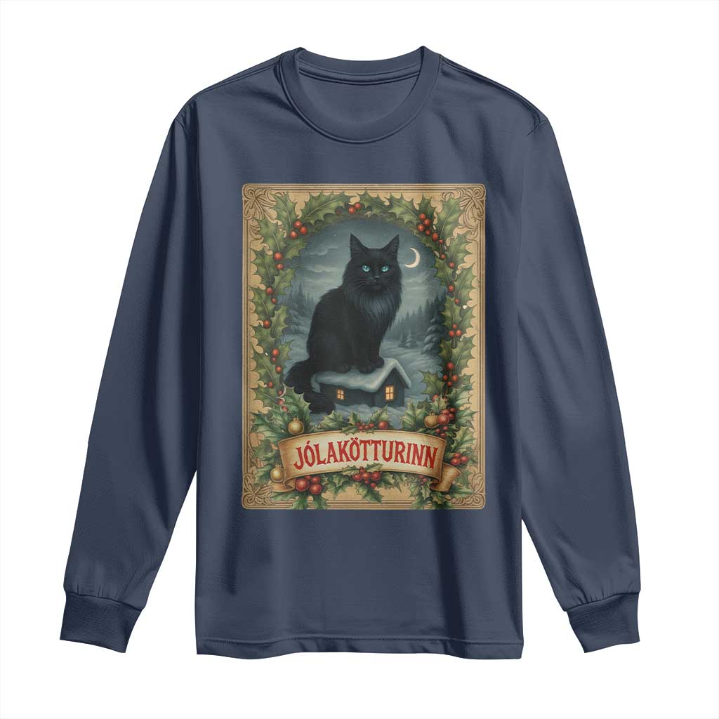Nordic Christmas Cat Long Sleeve Shirt Jolakotturinn Yule Cat Icelandic - Wonder Print Shop