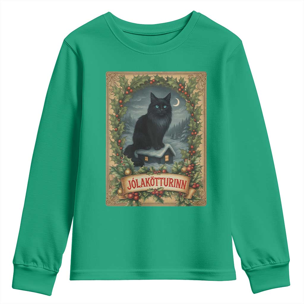 Nordic Christmas Cat Youth Sweatshirt Jolakotturinn Yule Cat Icelandic - Wonder Print Shop