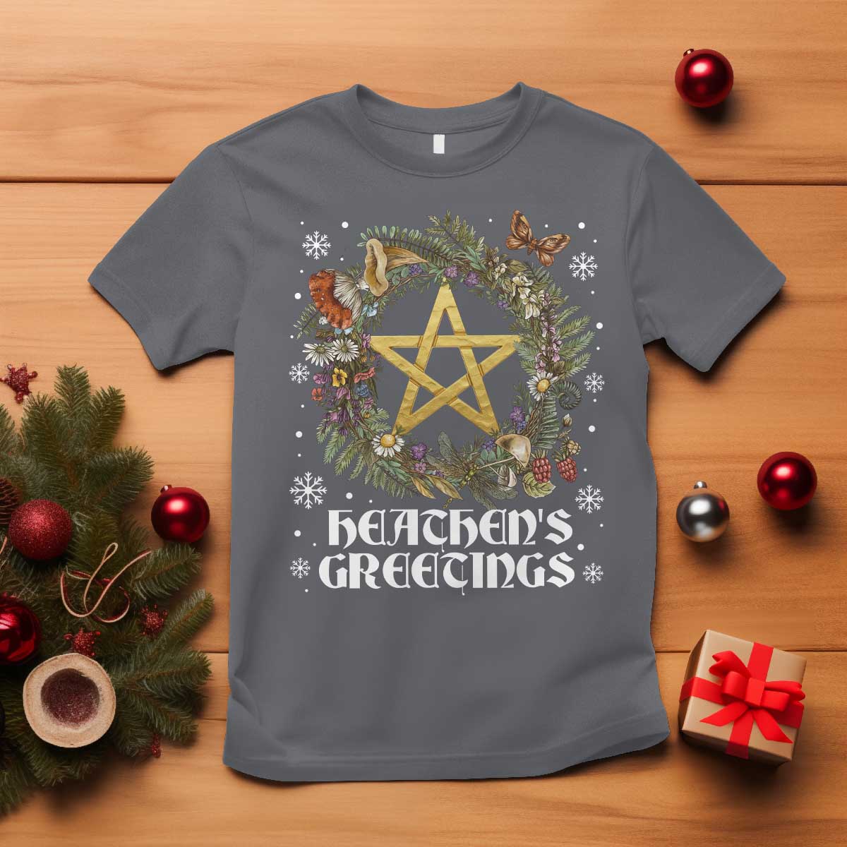 Heathens Greeting T Shirt Pagan Christmas Wreath Yule Holiday - Wonder Print Shop