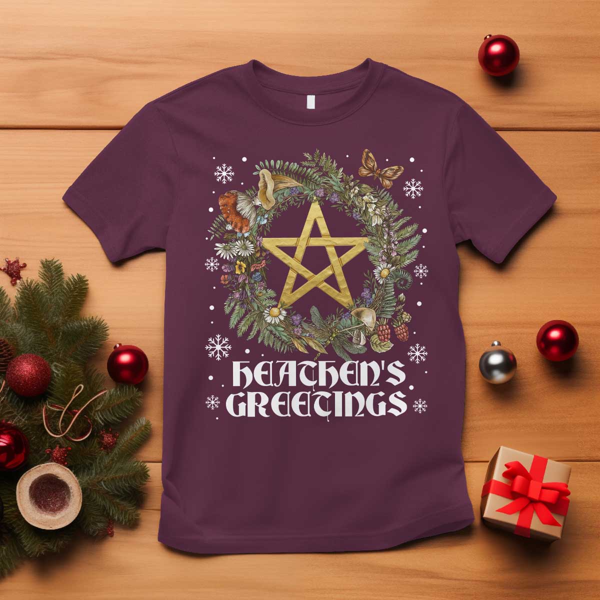 Heathens Greeting T Shirt Pagan Christmas Wreath Yule Holiday - Wonder Print Shop