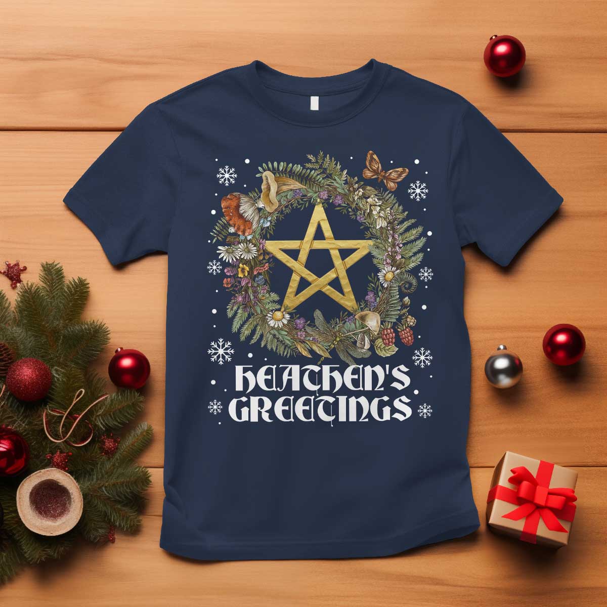 Heathens Greeting T Shirt Pagan Christmas Wreath Yule Holiday - Wonder Print Shop