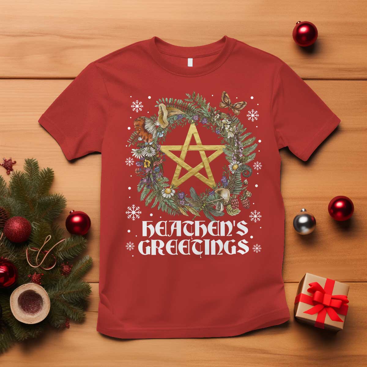 Heathens Greeting T Shirt Pagan Christmas Wreath Yule Holiday - Wonder Print Shop