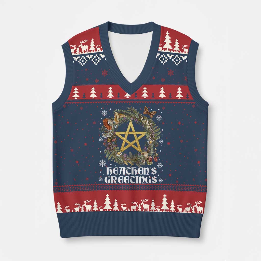 Heathens Greeting V-Neck Knit Sweater Vest Pagan Xmas Wreath Yule Holiday - Wonder Print Shop