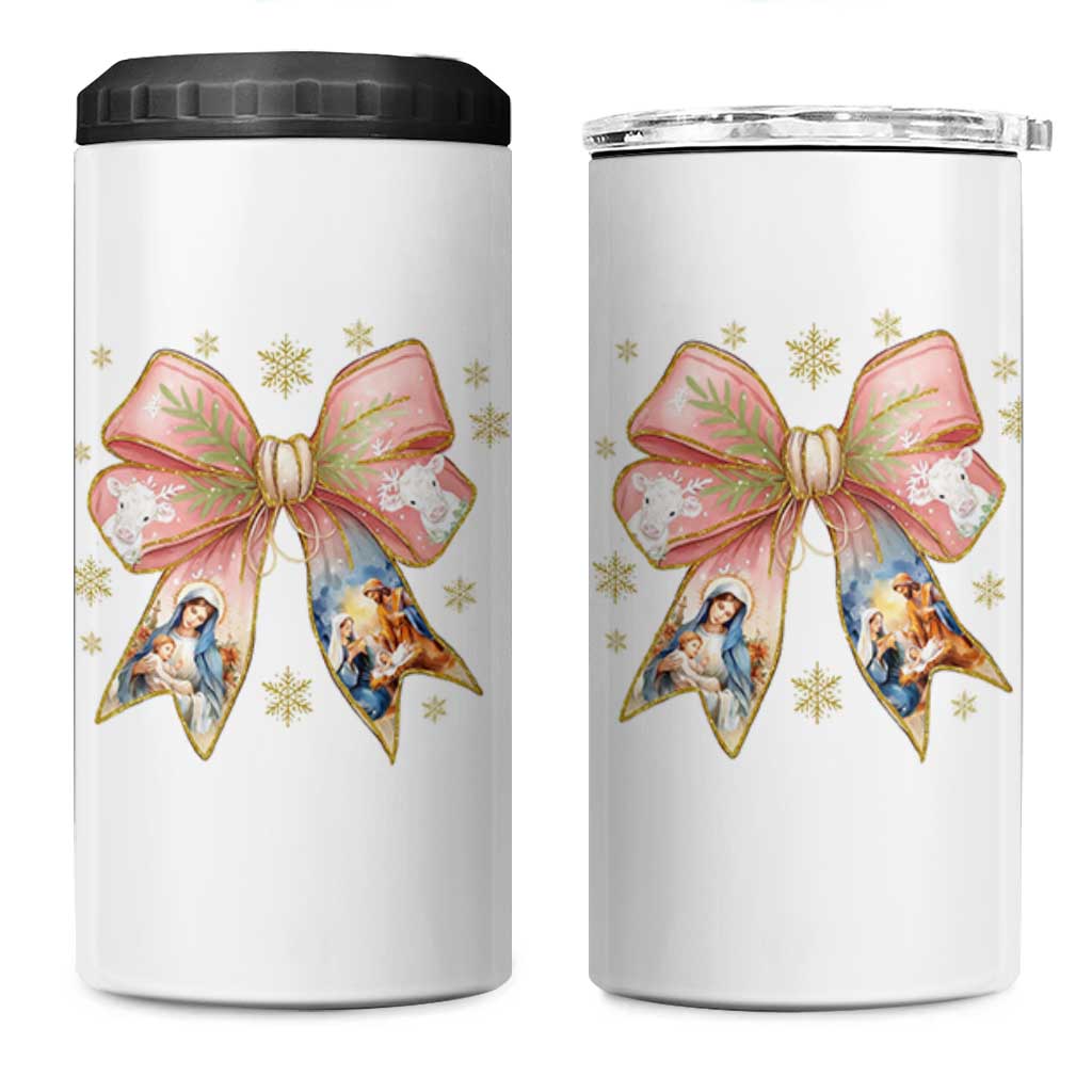 Jesus Christmas Coquette Bow Nativity Bible Verse Christian 4 in 1 Can Cooler Tumbler - Wonder Print Shop