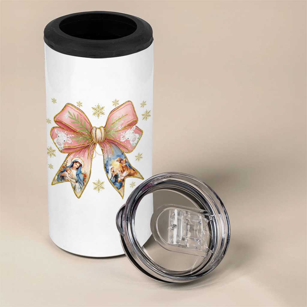 Jesus Christmas Coquette Bow Nativity Bible Verse Christian 4 in 1 Can Cooler Tumbler - Wonder Print Shop