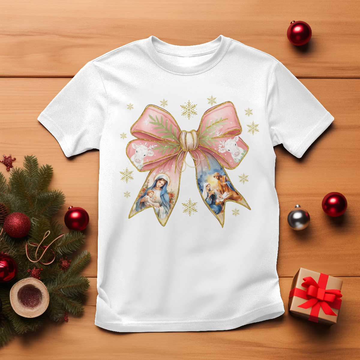 Jesus Christmas Coquette Bow Nativity Bible Verse Christian T Shirt - Wonder Print Shop