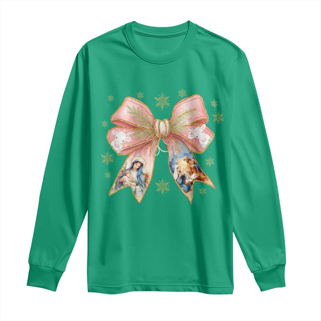 Jesus Christmas Coquette Bow Nativity Bible Verse Christian Long Sleeve Shirt - Wonder Print Shop