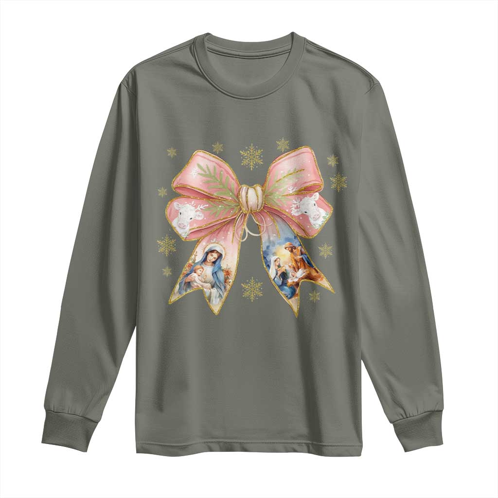 Jesus Christmas Coquette Bow Nativity Bible Verse Christian Long Sleeve Shirt - Wonder Print Shop