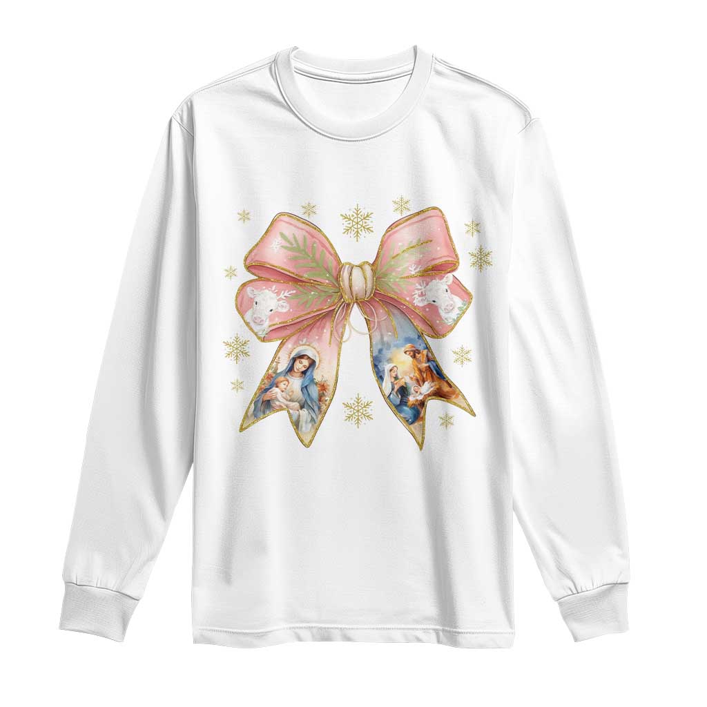 Jesus Christmas Coquette Bow Nativity Bible Verse Christian Long Sleeve Shirt - Wonder Print Shop