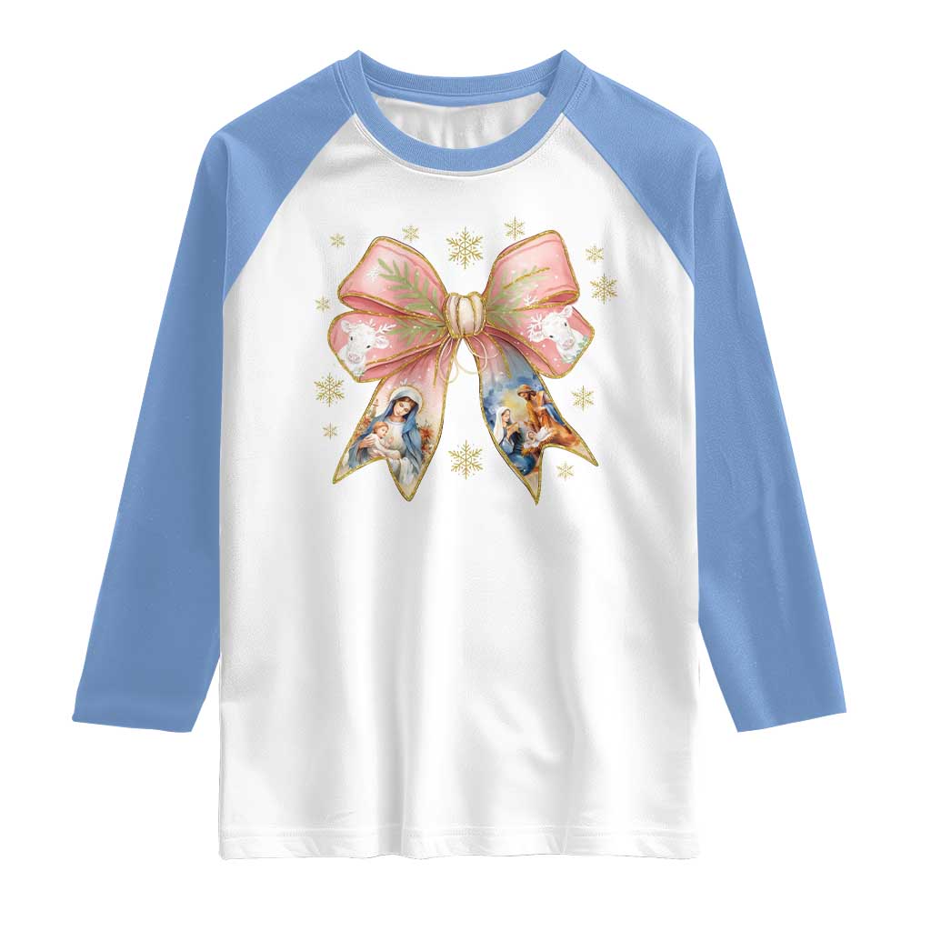 Jesus Christmas Coquette Bow Nativity Bible Verse Christian Raglan Shirt - Wonder Print Shop