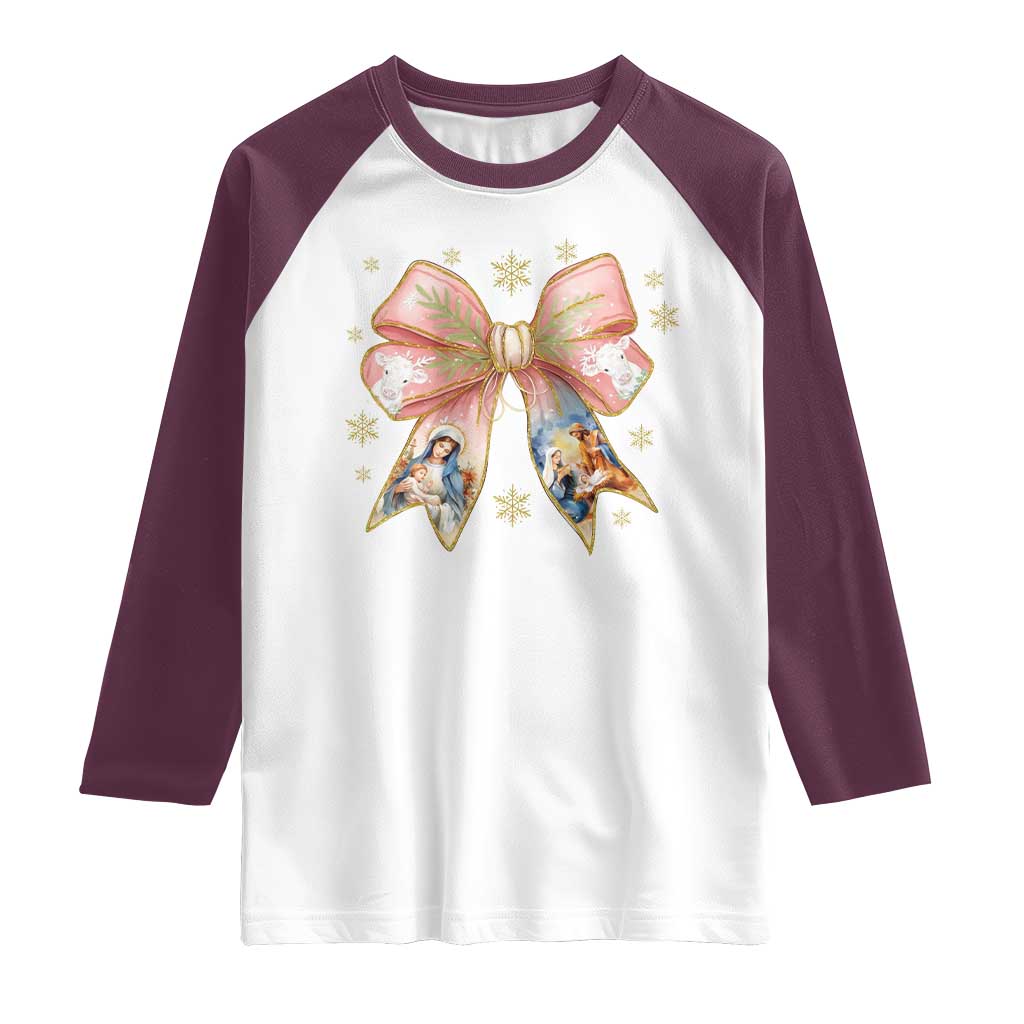 Jesus Christmas Coquette Bow Nativity Bible Verse Christian Raglan Shirt - Wonder Print Shop