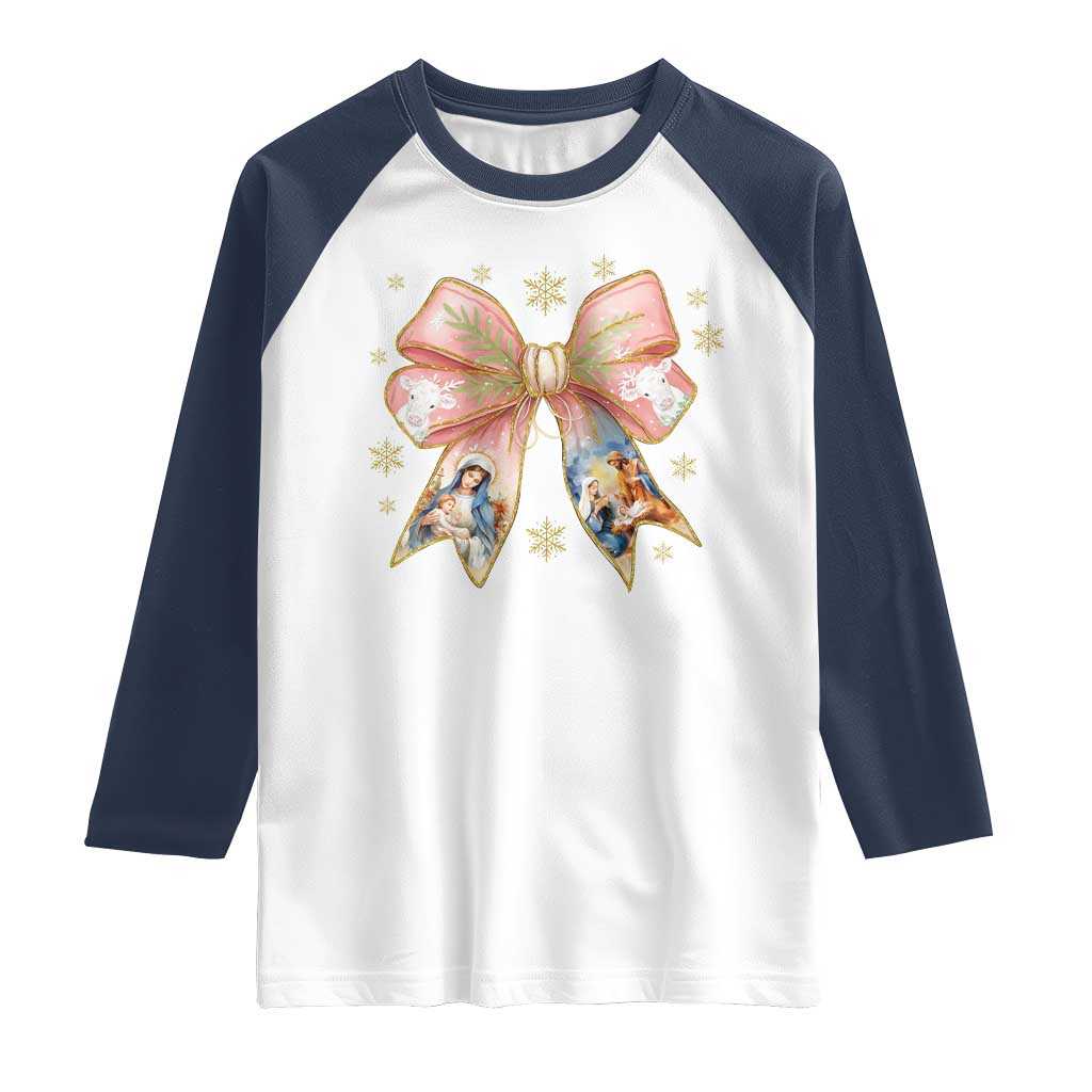Jesus Christmas Coquette Bow Nativity Bible Verse Christian Raglan Shirt - Wonder Print Shop