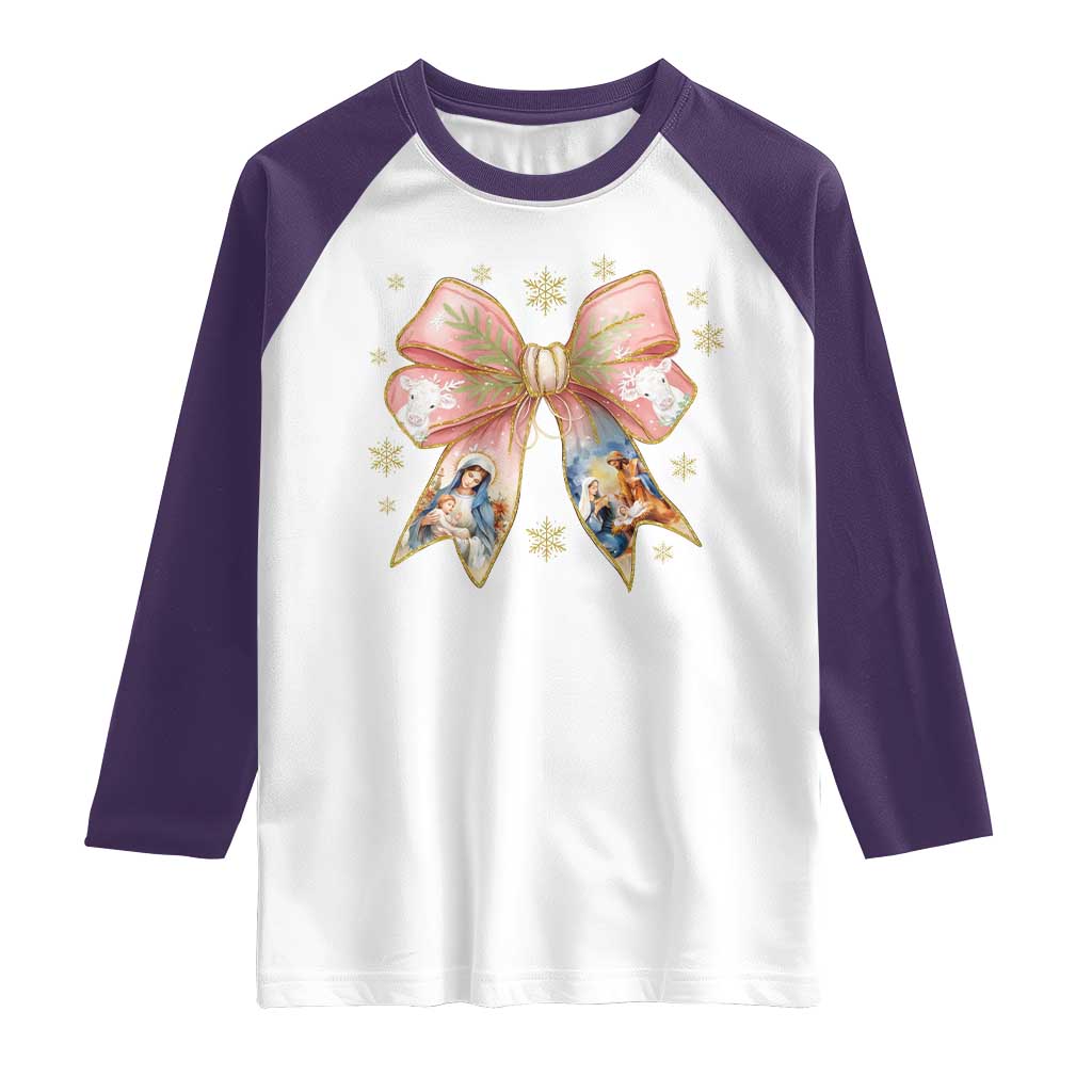 Jesus Christmas Coquette Bow Nativity Bible Verse Christian Raglan Shirt - Wonder Print Shop