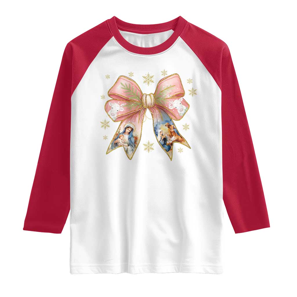 Jesus Christmas Coquette Bow Nativity Bible Verse Christian Raglan Shirt - Wonder Print Shop