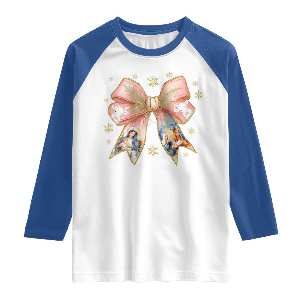 Jesus Christmas Coquette Bow Nativity Bible Verse Christian Raglan Shirt - Wonder Print Shop