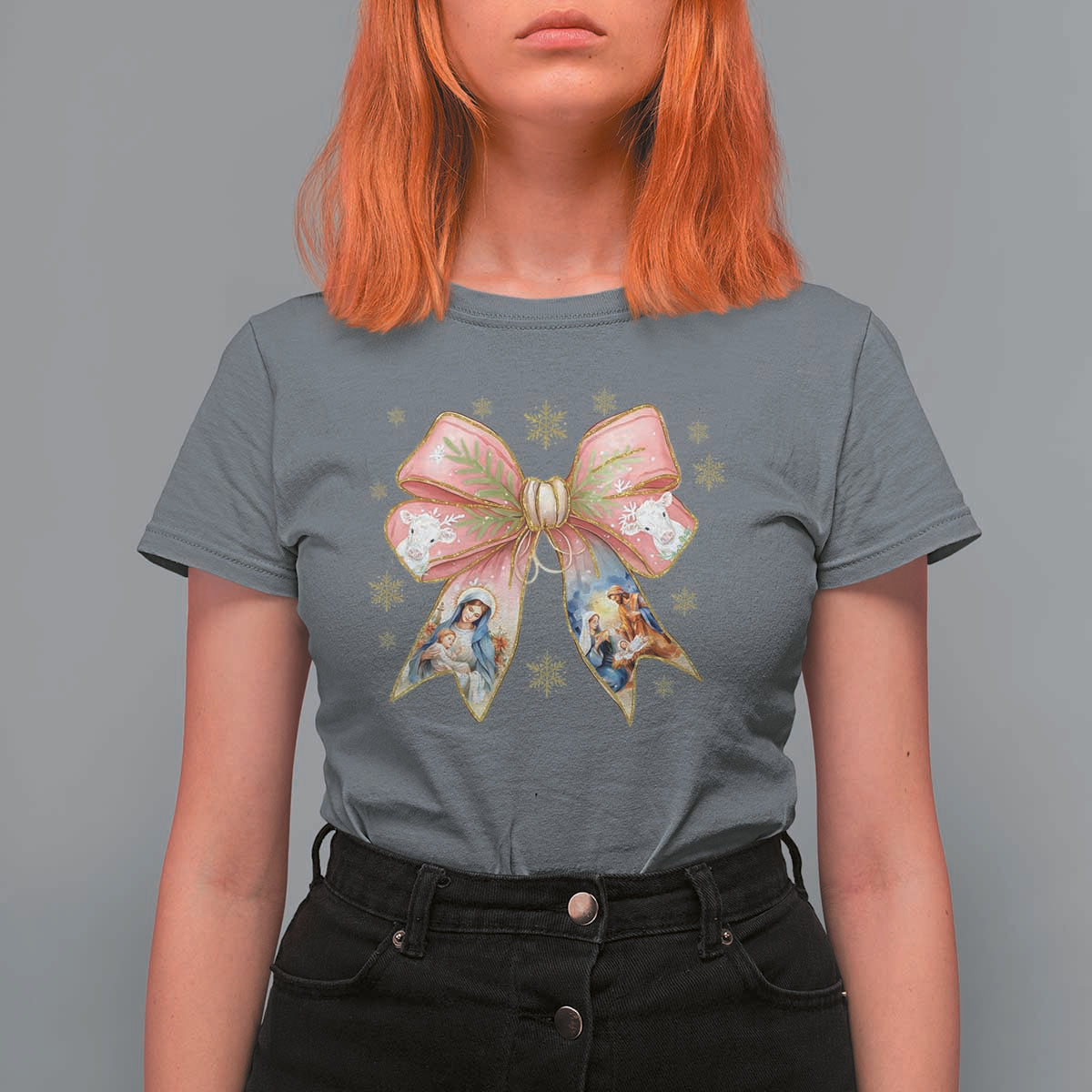 Jesus Christmas Coquette Bow Nativity Bible Verse Christian T Shirt For Women - Wonder Print Shop