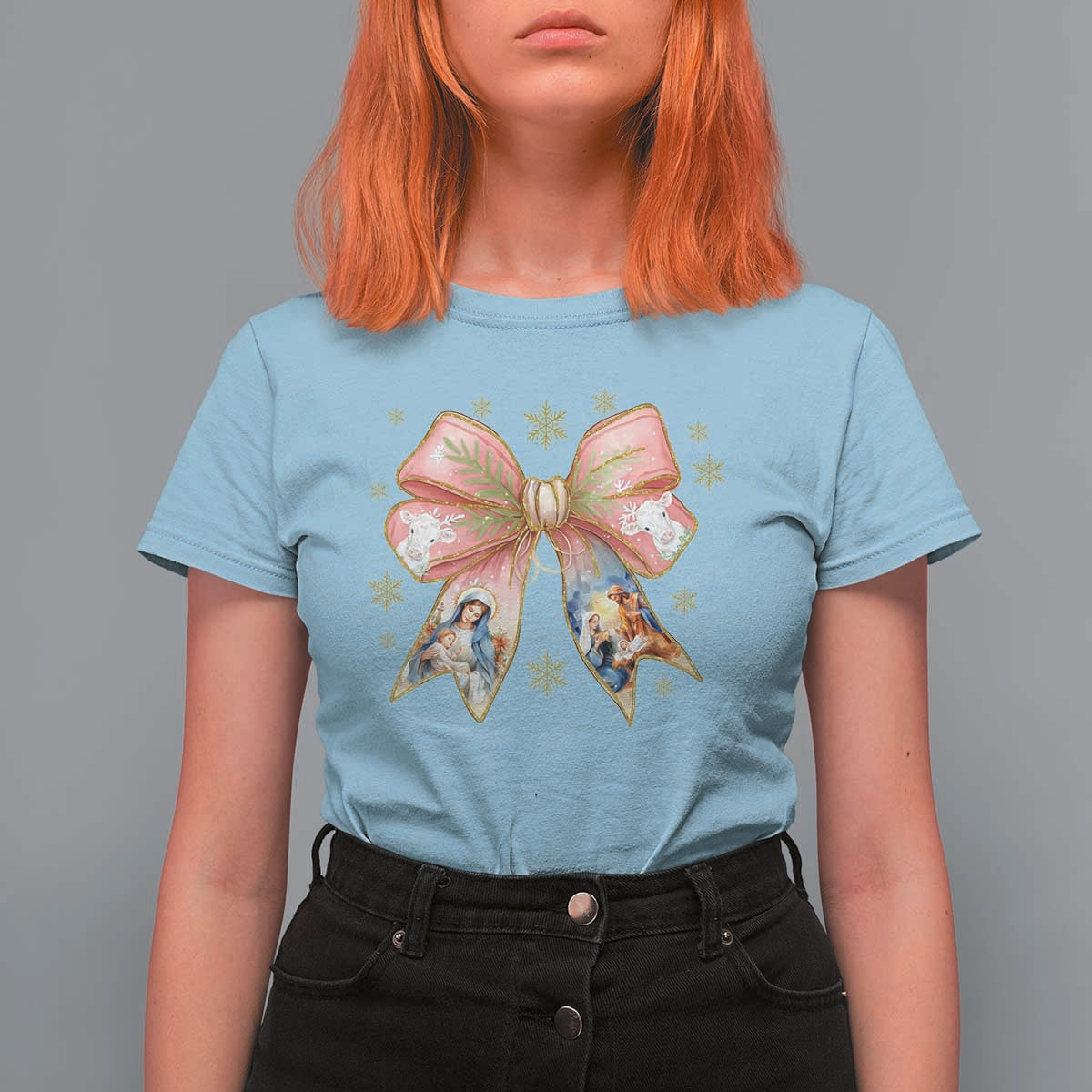 Jesus Christmas Coquette Bow Nativity Bible Verse Christian T Shirt For Women - Wonder Print Shop