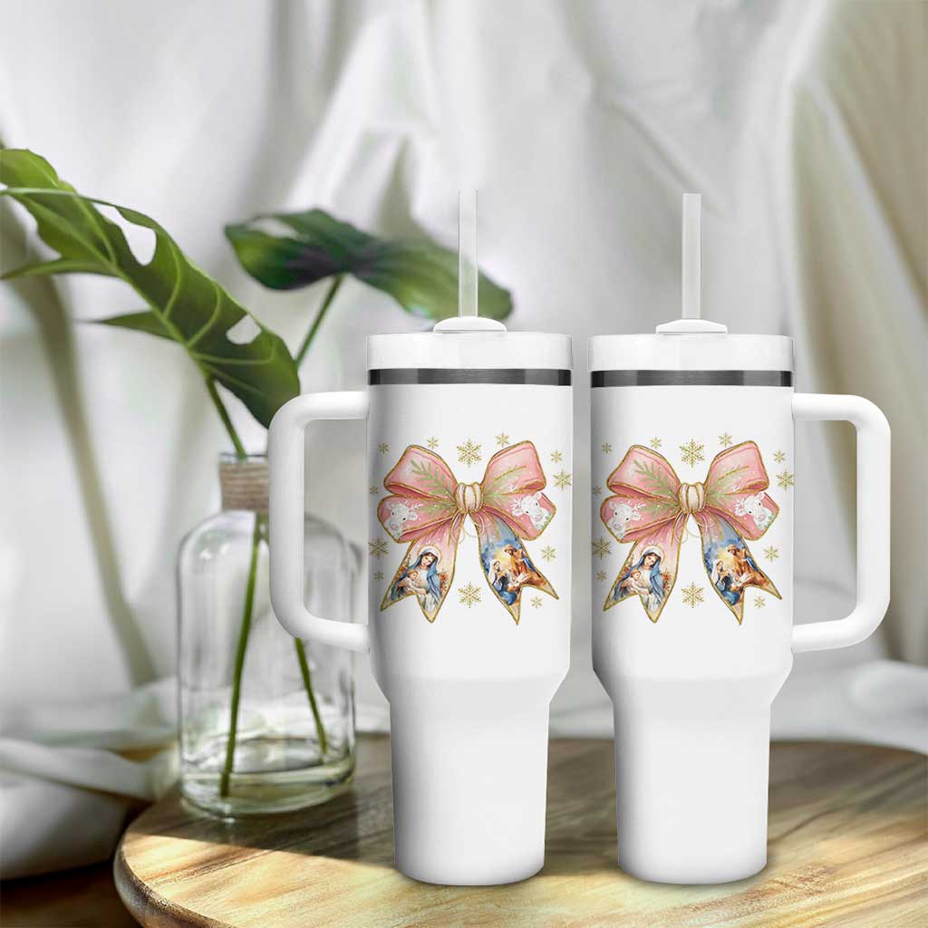 Jesus Christmas Coquette Bow Nativity Bible Verse Christian Tumbler With Handle - Wonder Print Shop