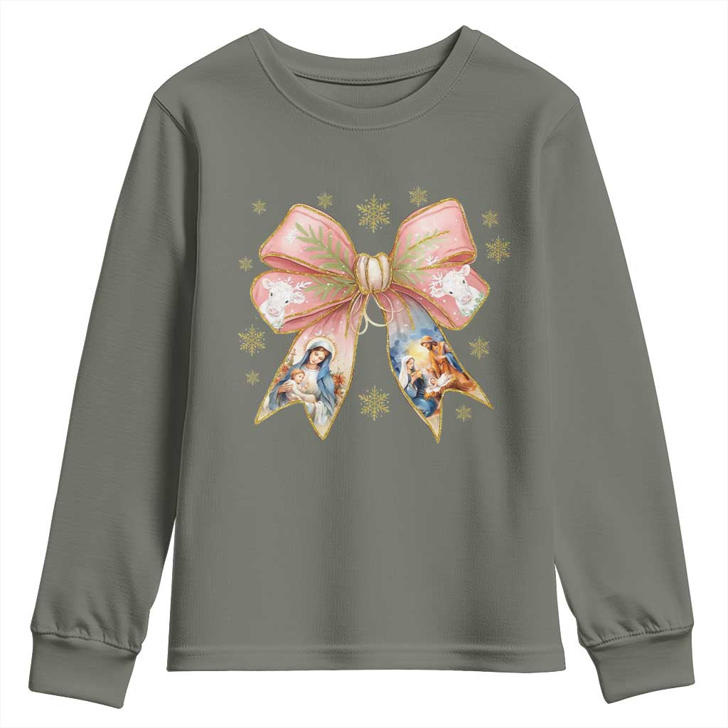 Jesus Christmas Coquette Bow Nativity Bible Verse Christian Youth Sweatshirt - Wonder Print Shop