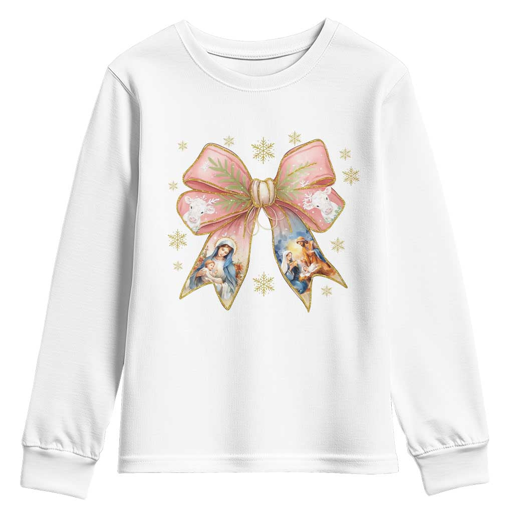 Jesus Christmas Coquette Bow Nativity Bible Verse Christian Youth Sweatshirt - Wonder Print Shop