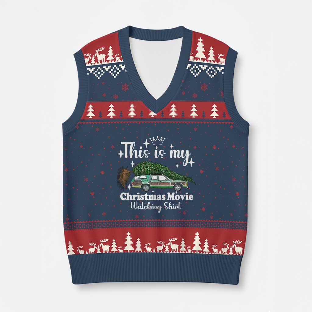 This Is My Xmas Movie Watching V-Neck Knit Sweater Vest Vintage Xmas Tree Car - Wonder Print Shop