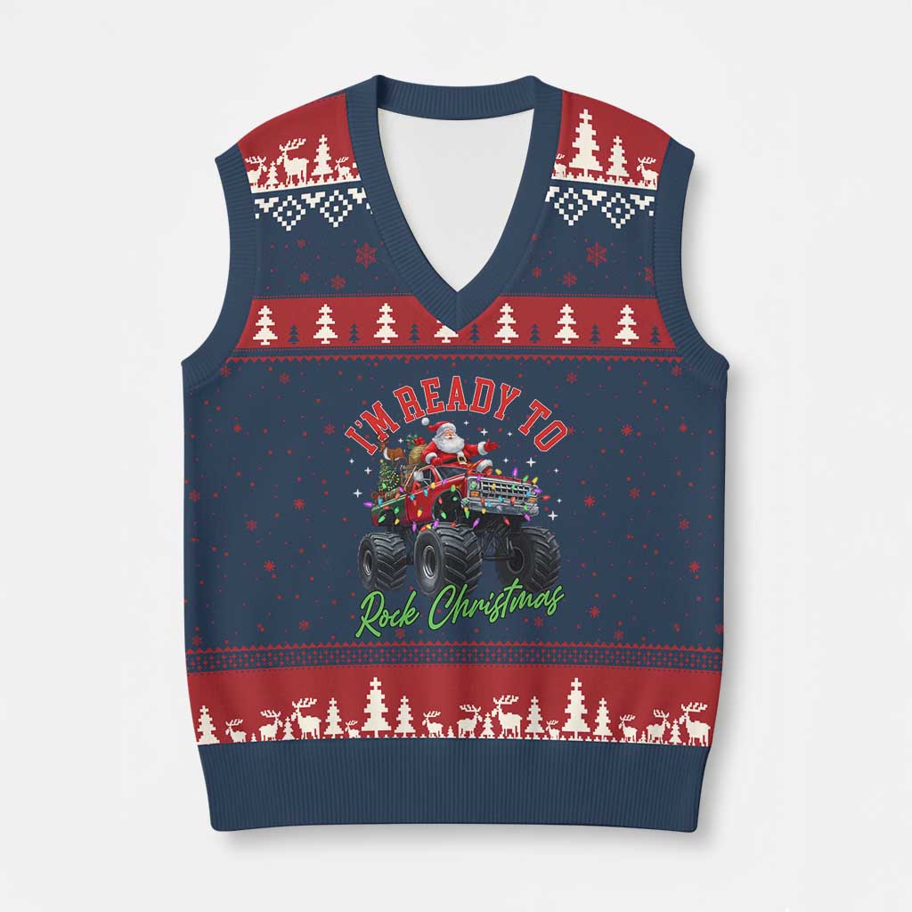 Christmas Monster Truck V-Neck Knit Sweater Vest I Am Ready To Rock Xmas Santa - Wonder Print Shop
