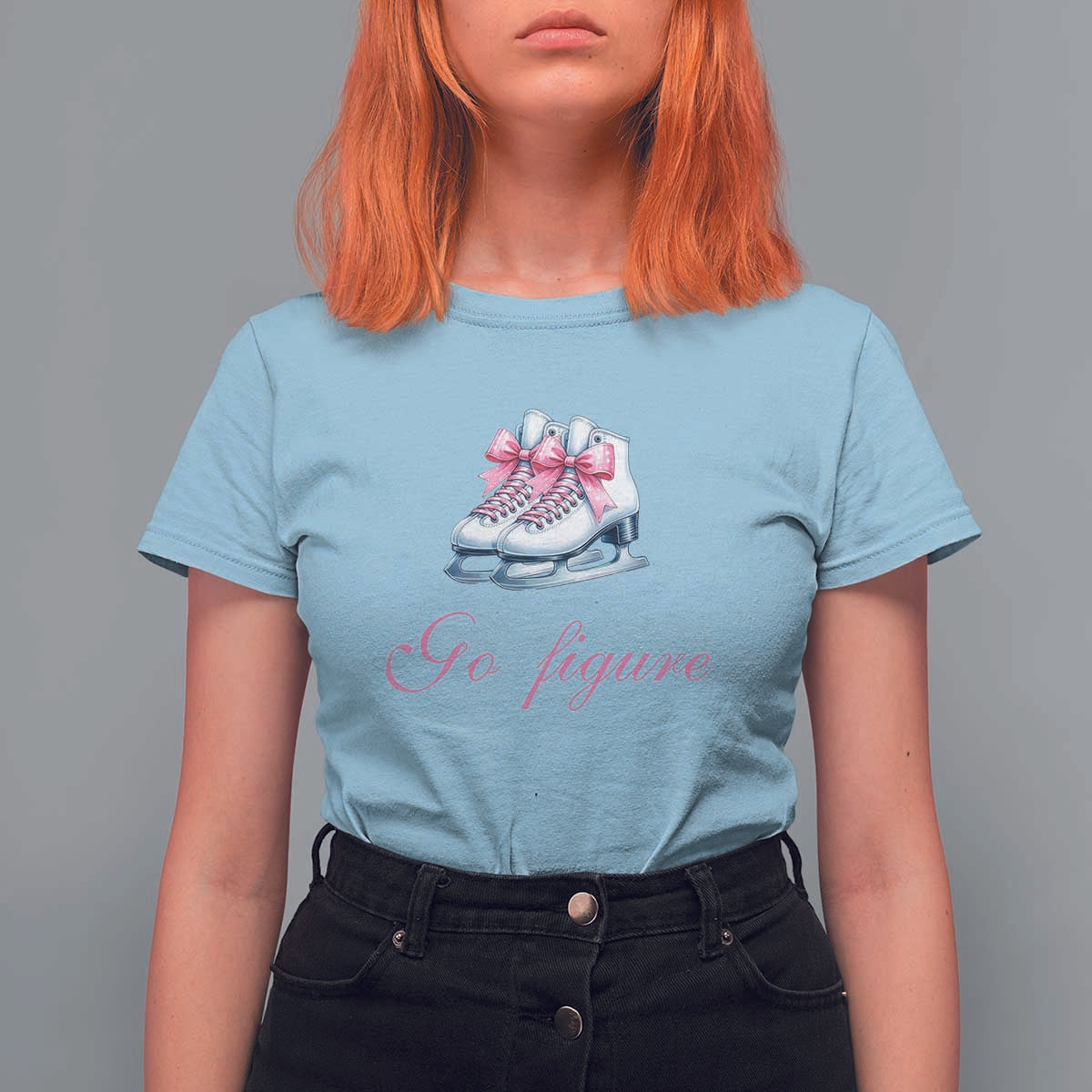 Figure Skater T Shirt For Women Go Figure Coquette Pink Bow Ice Skating - Wonder Print Shop
