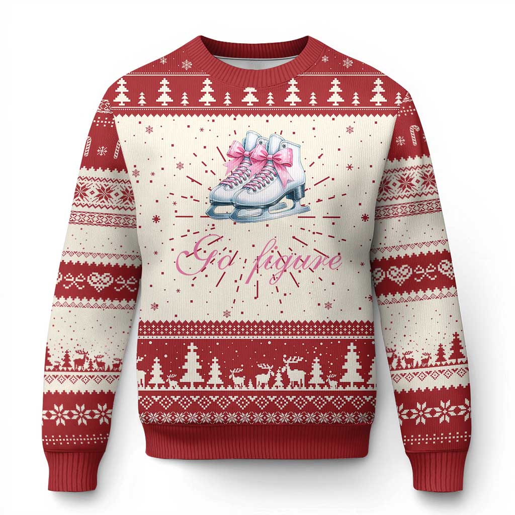 Figure Skater Ugly Christmas Sweater Go Figure Coquette Pink Bow Ice Skating - Wonder Print Shop