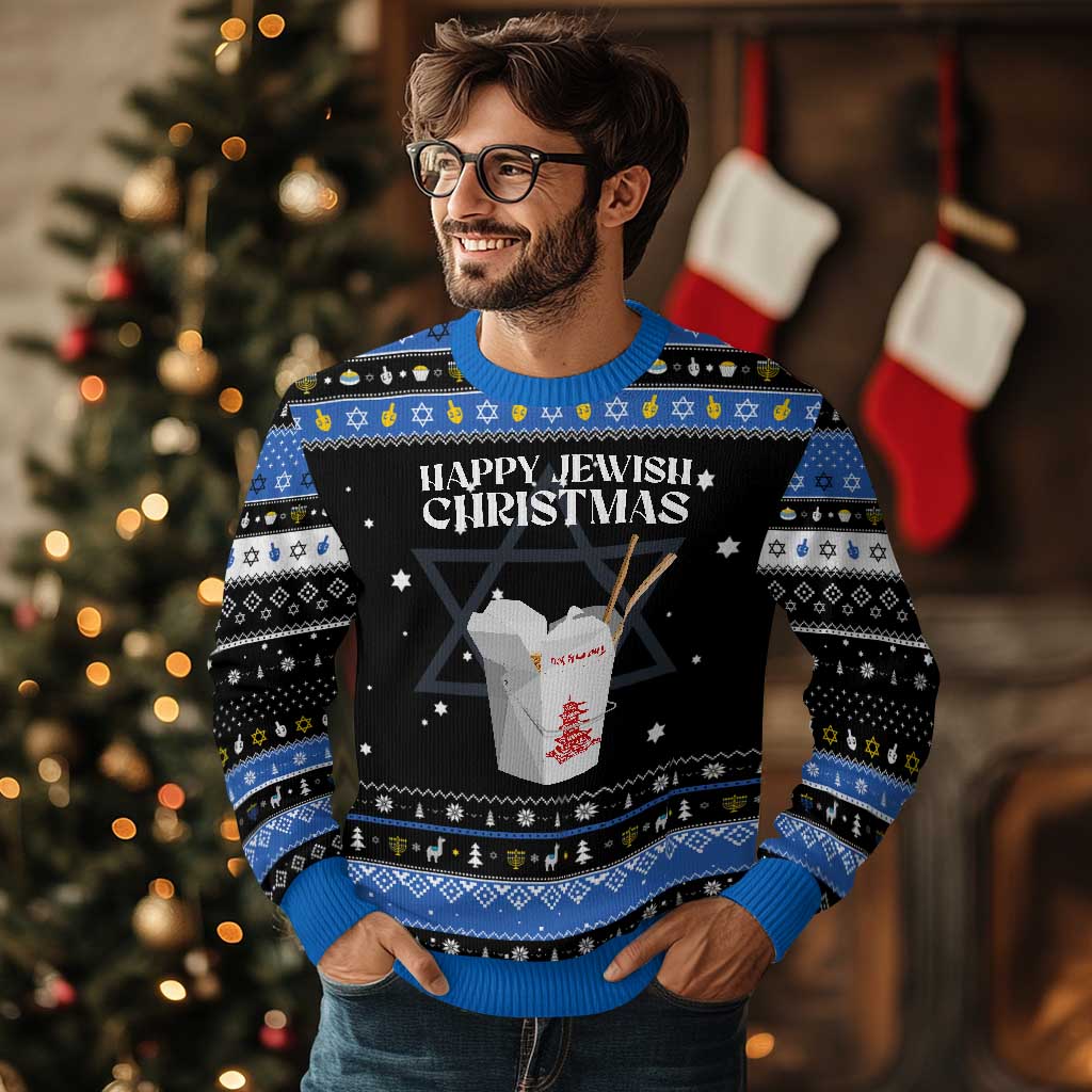 Happy Jewish Christmas Hanukkah Ugly Sweater Chinese Noodle Asian Take Out - Wonder Print Shop