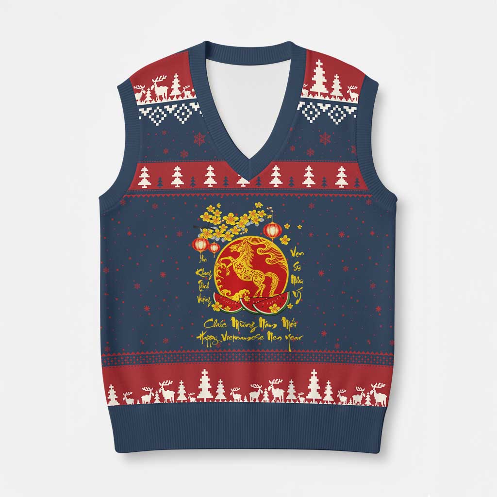 Vietnamese Lunar New Year 2026 V-Neck Knit Sweater Vest Chuc Mung Nam Moi Tet Holiday Horse Zodiac