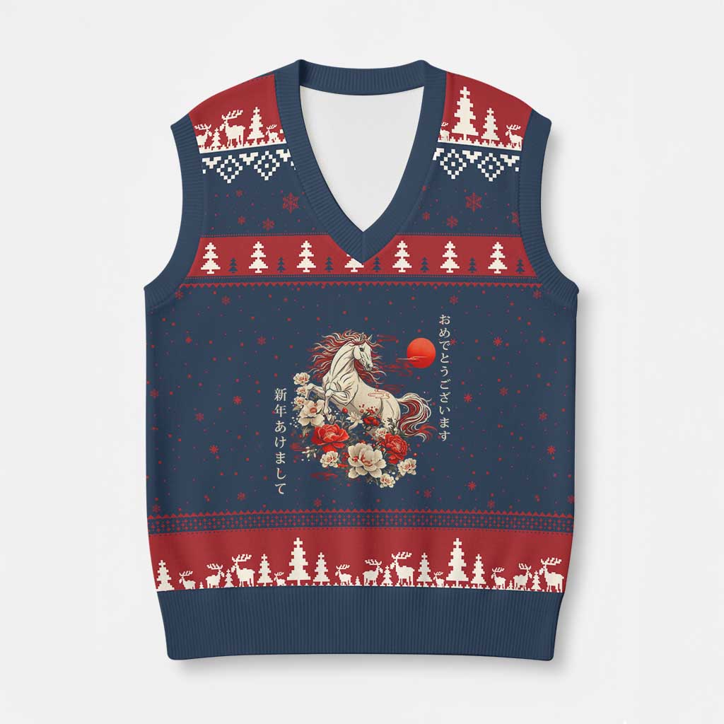 Japanese New Year 2026 V-Neck Knit Sweater Vest Year Of The Horse Botan Flower - Wonder Print Shop