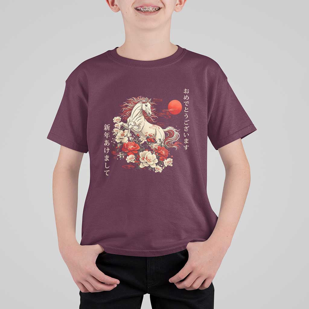 Japanese New Year 2026 T Shirt For Kid Year Of The Horse Botan Flower - Wonder Print Shop