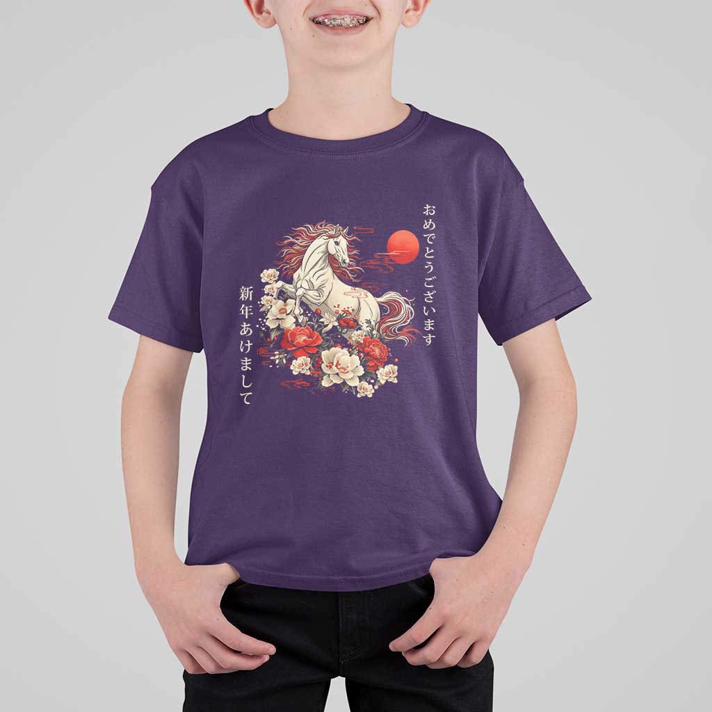 Japanese New Year 2026 T Shirt For Kid Year Of The Horse Botan Flower - Wonder Print Shop