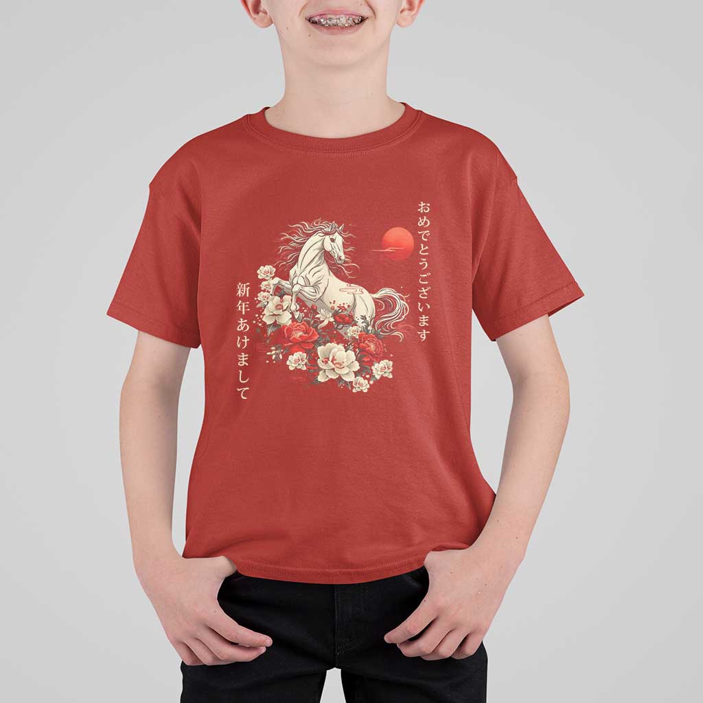 Japanese New Year 2026 T Shirt For Kid Year Of The Horse Botan Flower - Wonder Print Shop