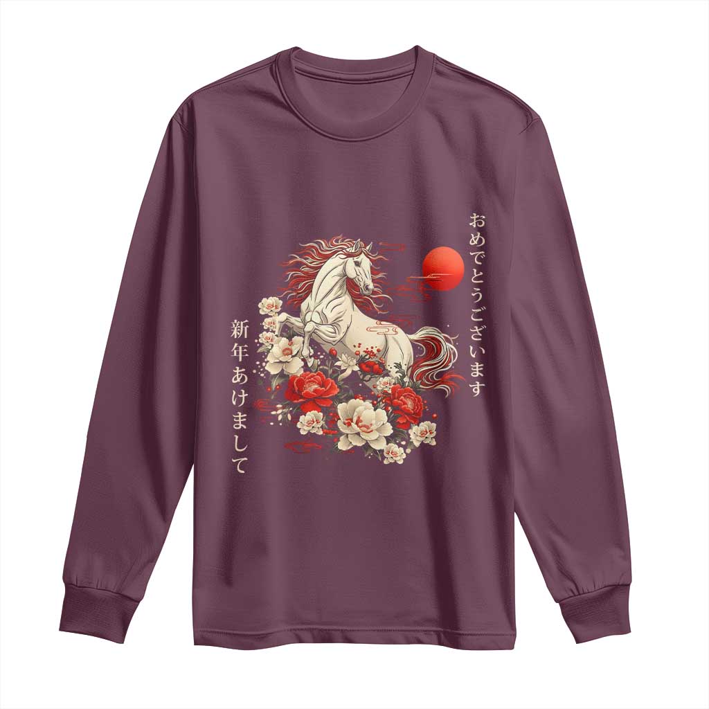 Japanese New Year 2026 Long Sleeve Shirt Year Of The Horse Botan Flower - Wonder Print Shop