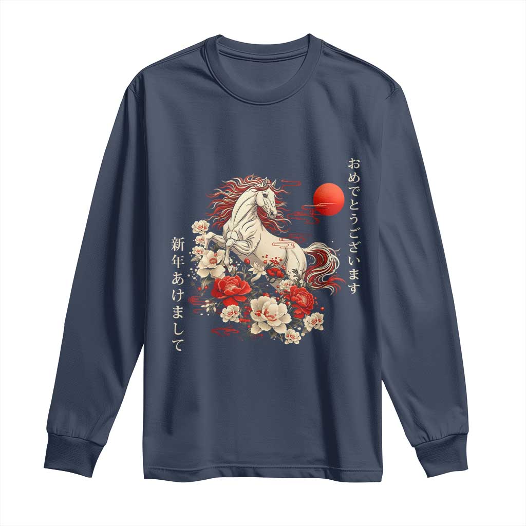 Japanese New Year 2026 Long Sleeve Shirt Year Of The Horse Botan Flower - Wonder Print Shop