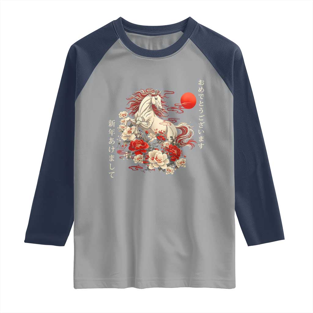 Japanese New Year 2026 Raglan Shirt Year Of The Horse Botan Flower - Wonder Print Shop
