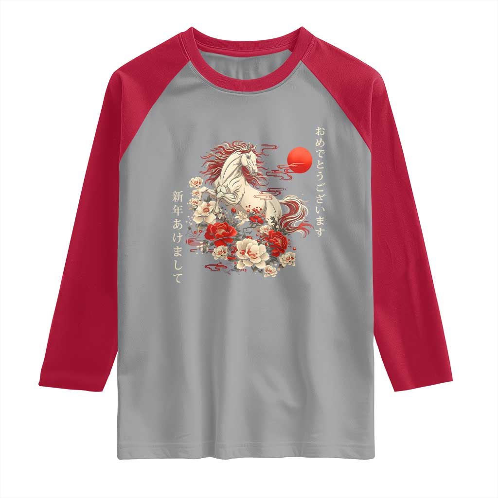 Japanese New Year 2026 Raglan Shirt Year Of The Horse Botan Flower - Wonder Print Shop
