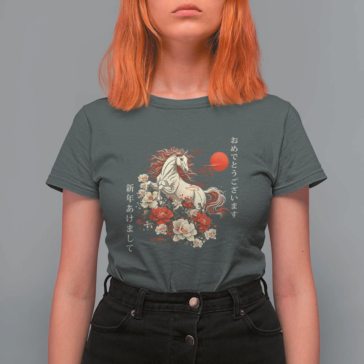Japanese New Year 2026 T Shirt For Women Year Of The Horse Botan Flower - Wonder Print Shop