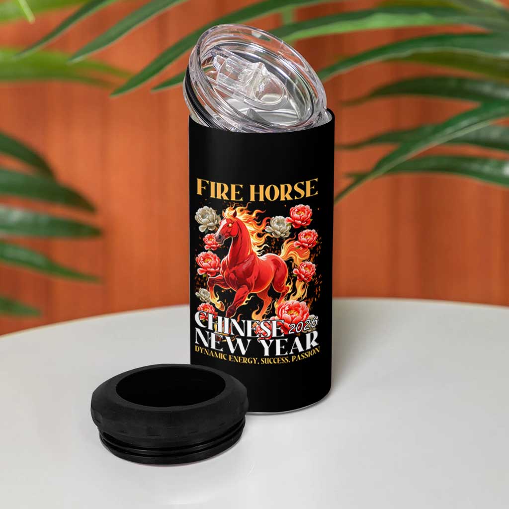 Year of The Fire Horse 2026 4 in 1 Can Cooler Tumbler Chinese New Year Peony Flower - Wonder Print Shop