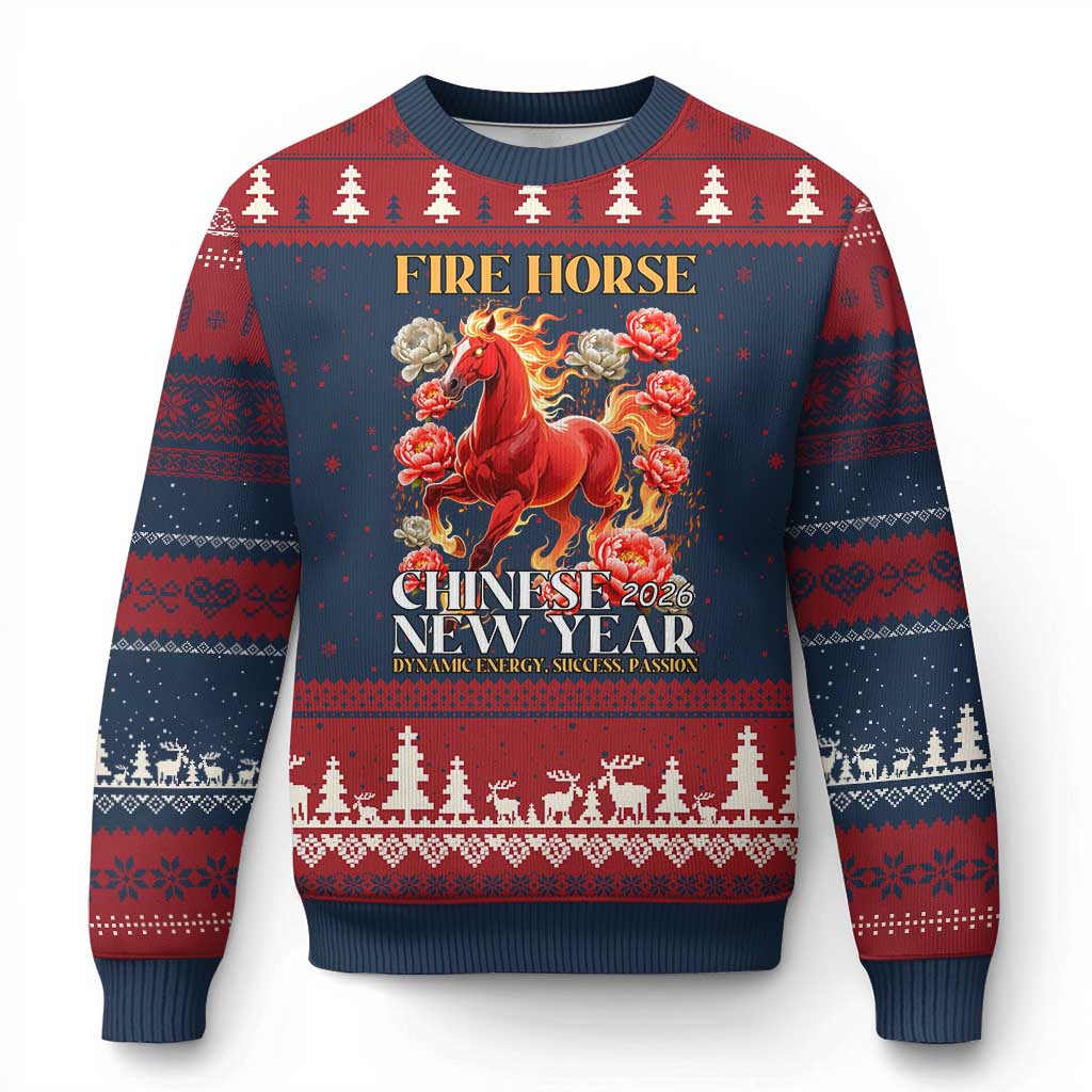 Year of The Fire Horse 2026 Ugly Christmas Sweater Chinese New Year Peony Flower - Wonder Print Shop