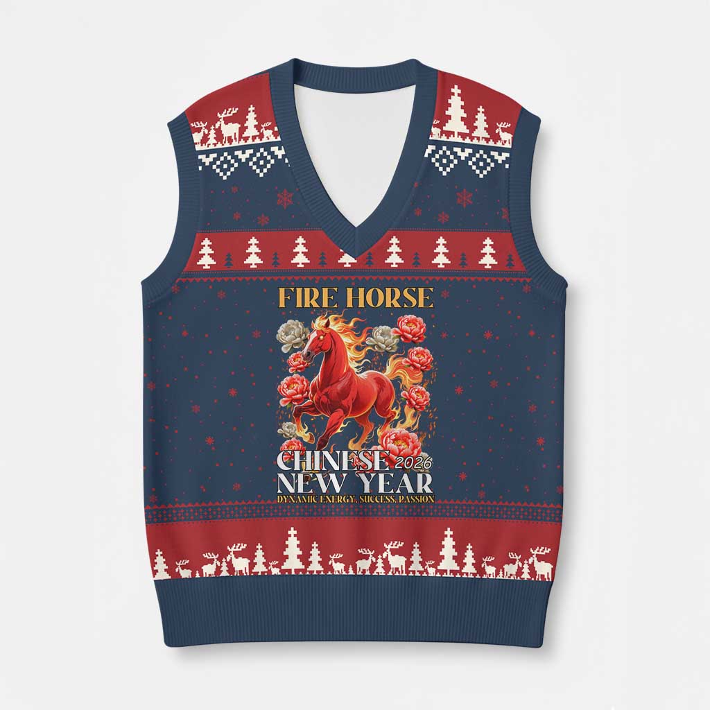 Year of The Fire Horse 2026 V-Neck Knit Sweater Vest Chinese New Year Peony Flower - Wonder Print Shop