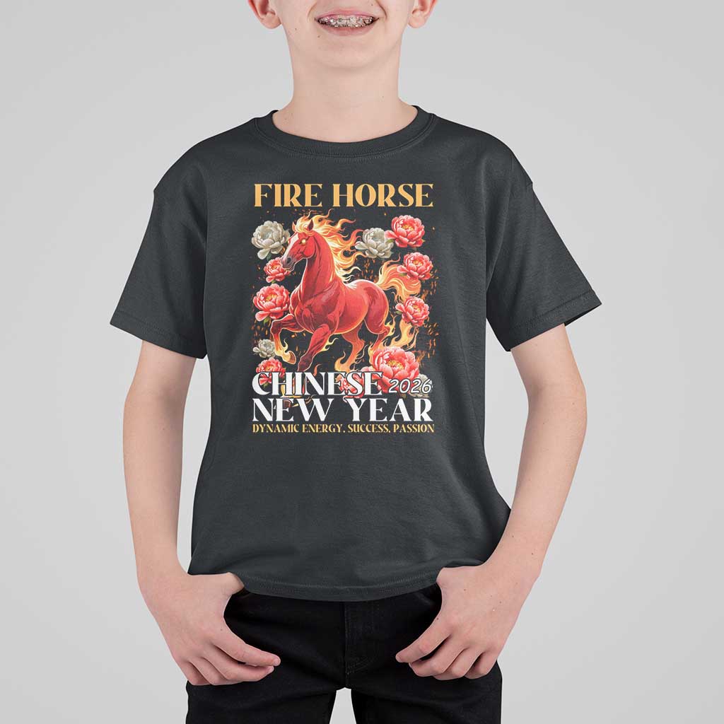 Year of The Fire Horse 2026 T Shirt For Kid Chinese New Year Peony Flower - Wonder Print Shop