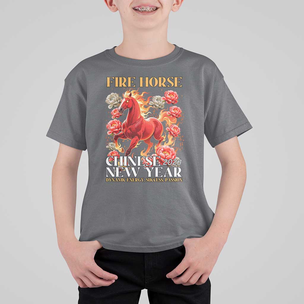 Year of The Fire Horse 2026 T Shirt For Kid Chinese New Year Peony Flower - Wonder Print Shop